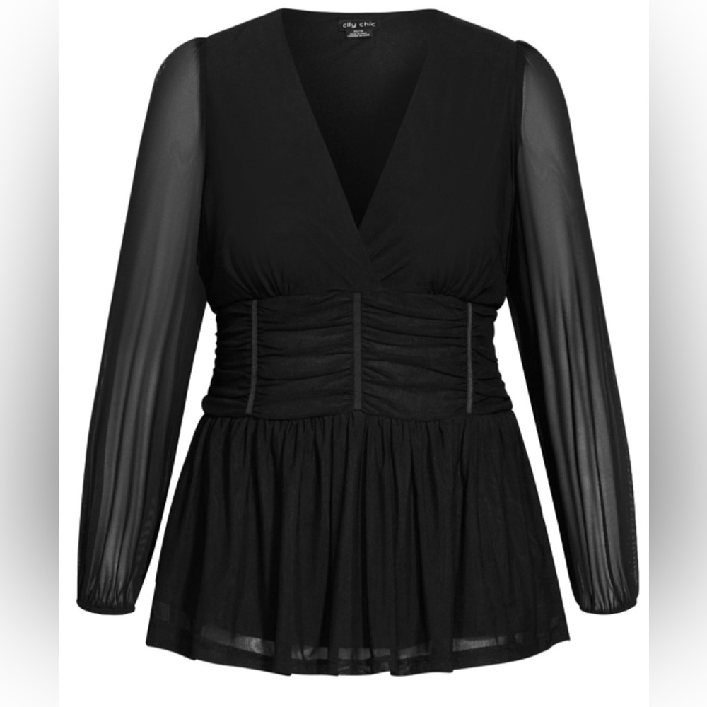 City Chic Black mesh blouse ruched waist and plunging V-neckline